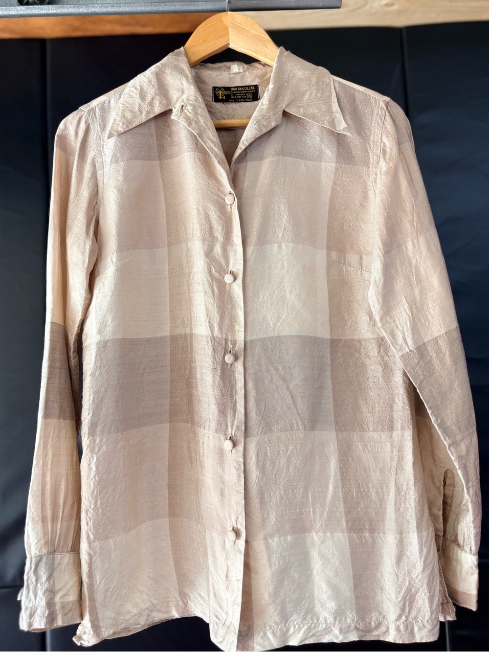 Thai Silk Co. Ltd | Vintage Hand-Woven Check Silk Shirt - Men's Small, Cream